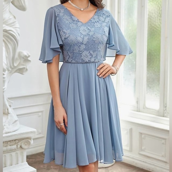 NEW| Women's Chiffon Flutter Sleeves Pleated V-Neck Lace Cocktail Dress - Picture 5 of 7